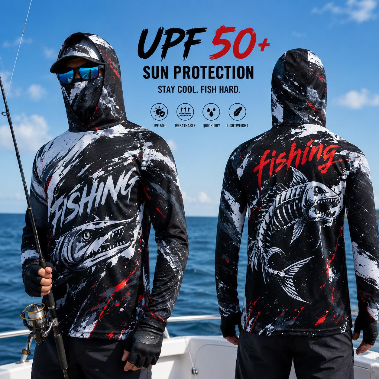 Fishing Hoodie - قميص صيد للرجال بغطاء للرأس، حماية